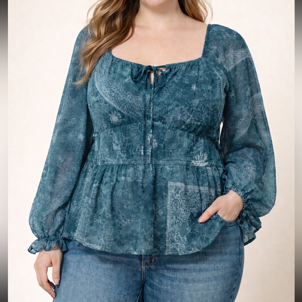 Trixxi Los Angeles Sheer Paisley Peplum Blouse XL Boho Bohemian